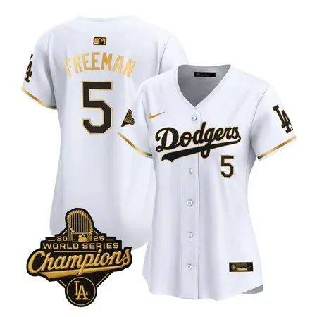 Women's Los Angeles Dodgers #5 Freddie Freeman  White Golden 2025 World Series Champions Home Limited Jersey
