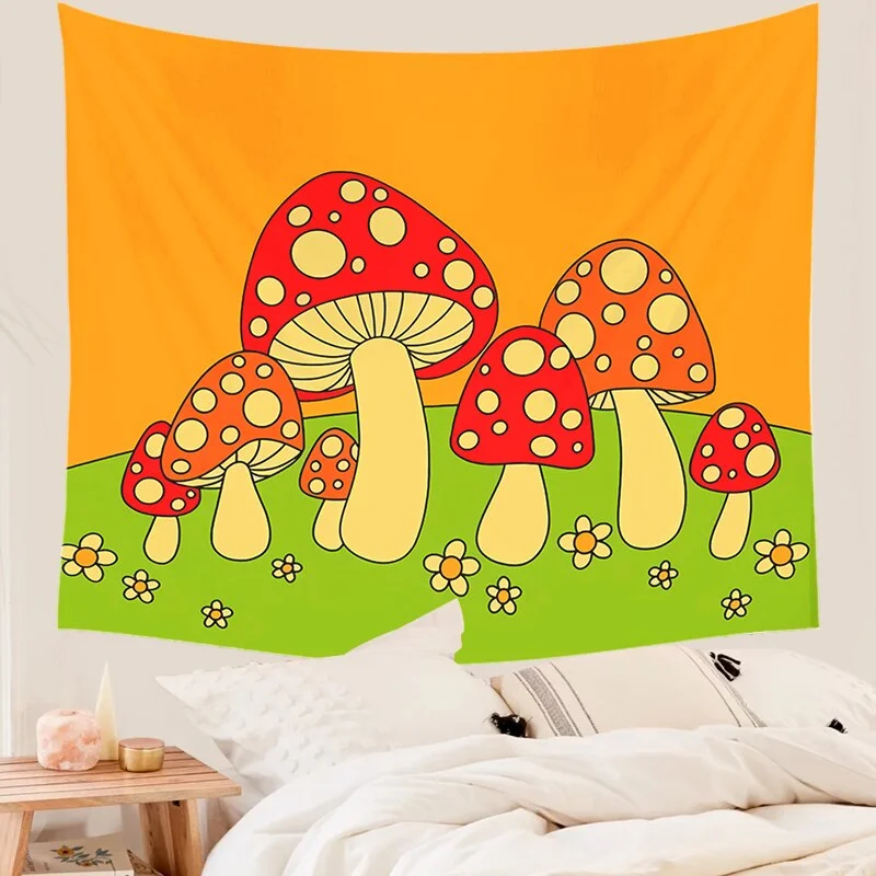 Mushroom Tapestry Wall Decor Girls Dorm Room Wall Hanging Aesthetic Room Let's Take a Try Psychedelic Wall Decoration INS Print