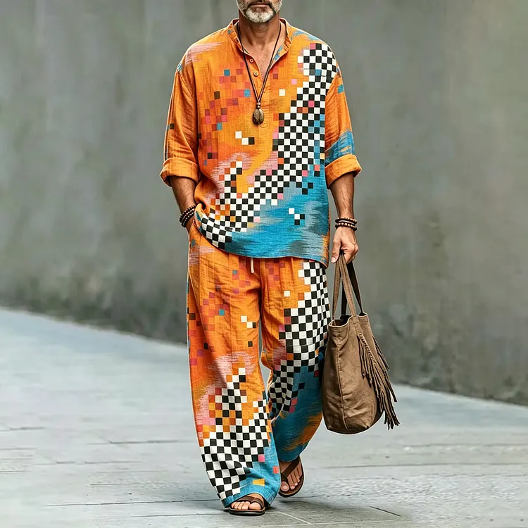 Men's Retro Abstract Geometric Art Shirt And Pants Two Piece Set