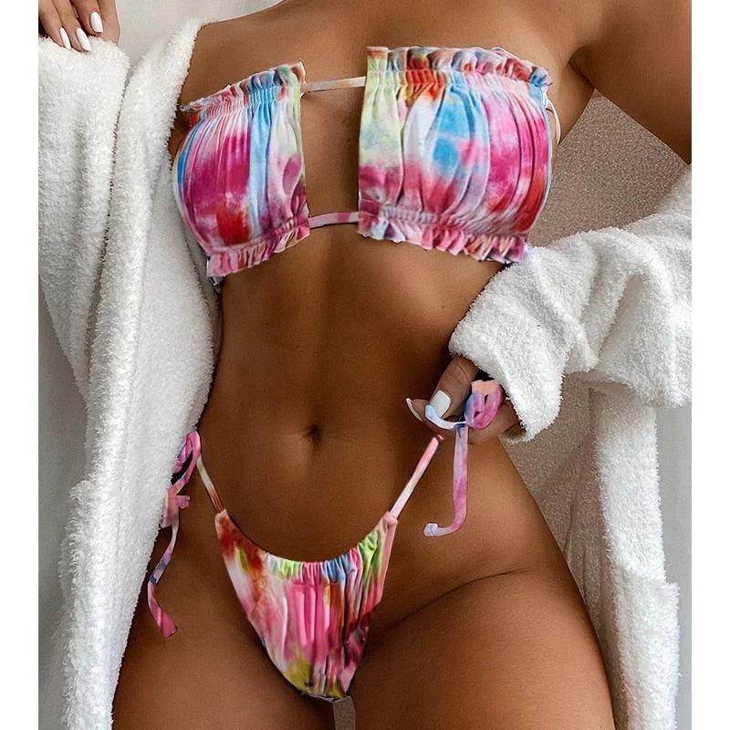 Peachtan Sexy pink swimwear women bathing suit Bandeau bikinis 2021 mujer Micro swimsuit female Push up two-piece suit summer