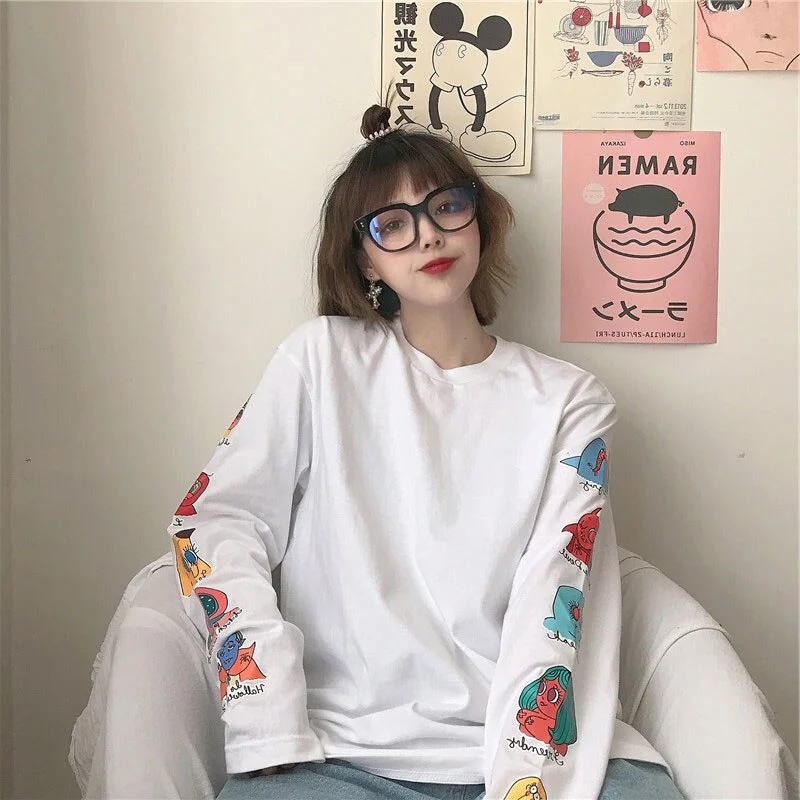 Long Sleeve T-shirts Women Spring O-neck Printed Korean Hip Hop Street Wear Womens Tops Ulzzang Ins Girls All-match Casual Retro