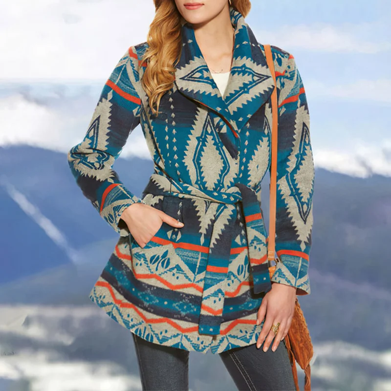 Lapel Slip Pocket Geometric Print Coat