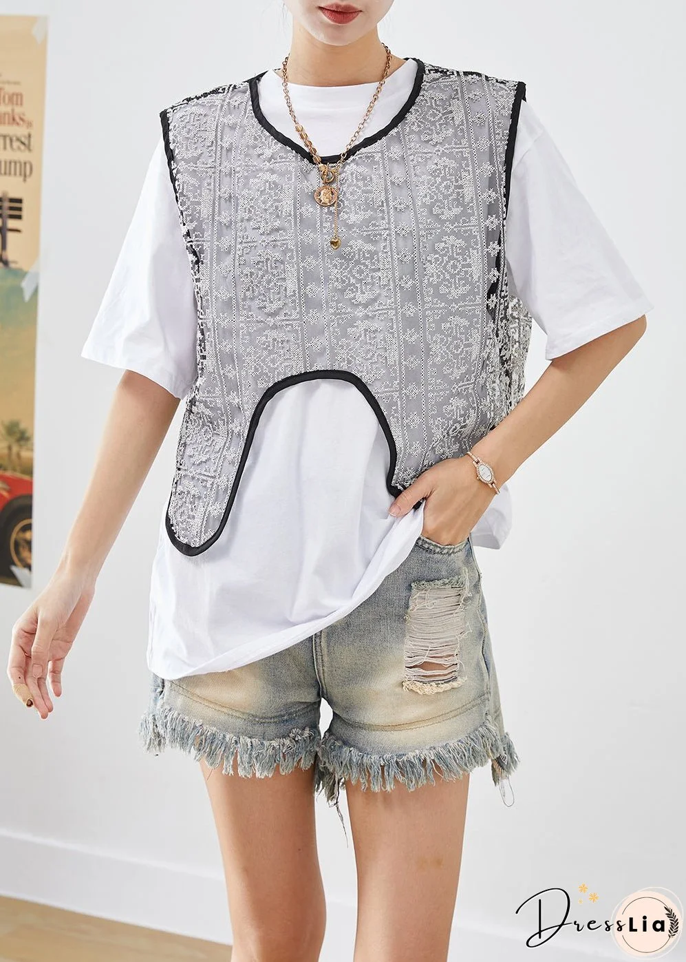 French White Embroideried Tulle Vest And Tank Two Pieces Set Summer