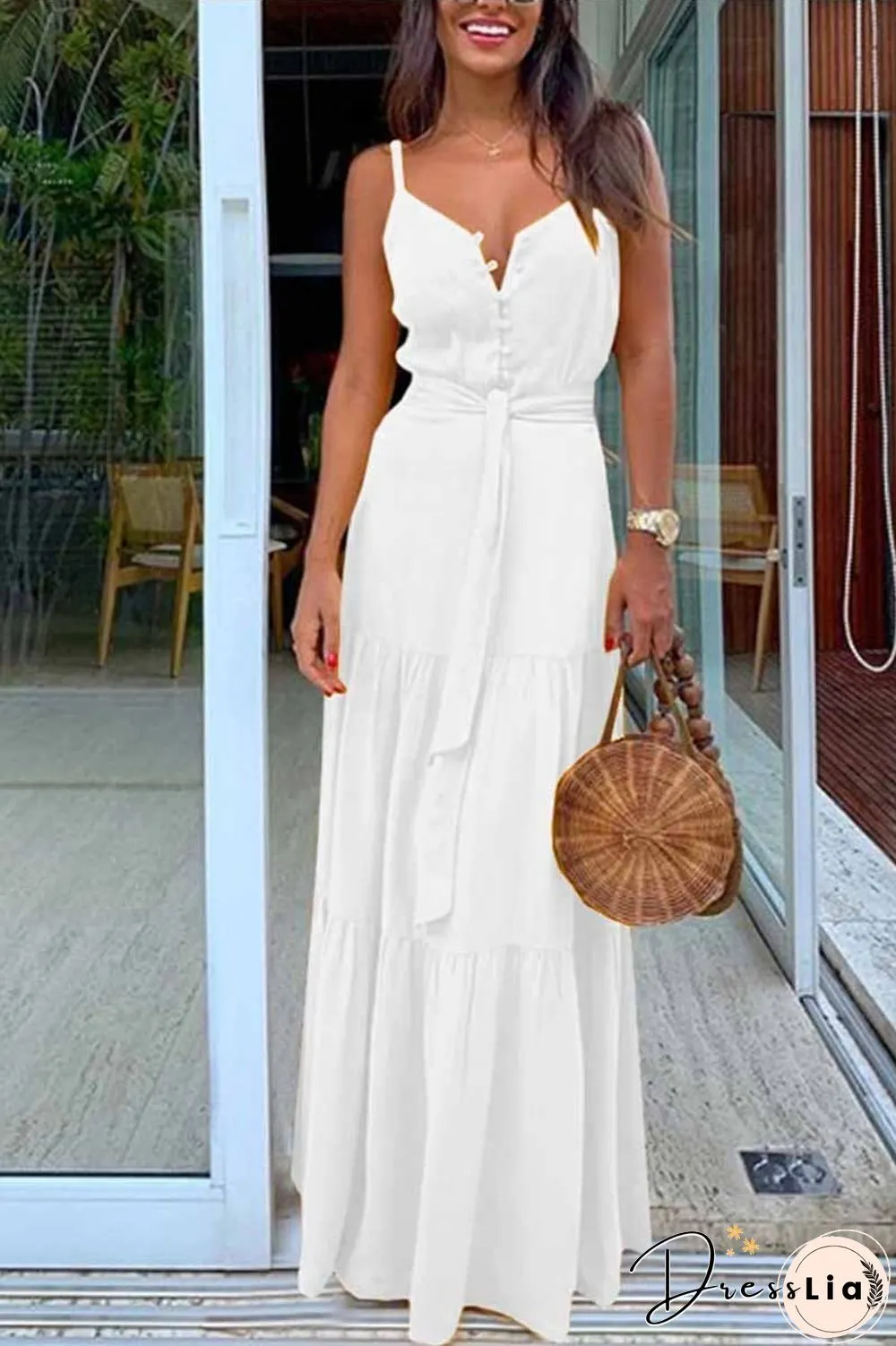 Button V-Neck Maxi Dress With Belt(3 Colors)