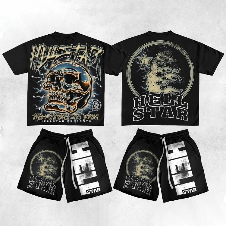 Vintage Hellstar Dept Skull Graphic T-Shirt And Mesh Shorts Co-Ord T-Shirt Set