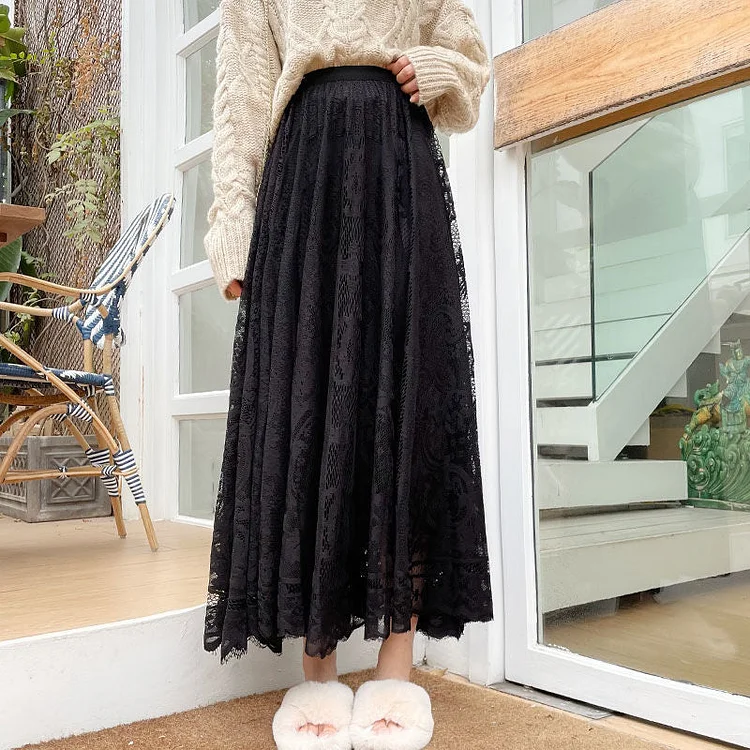 Elegant High Waist court Lace embroidery Skirt