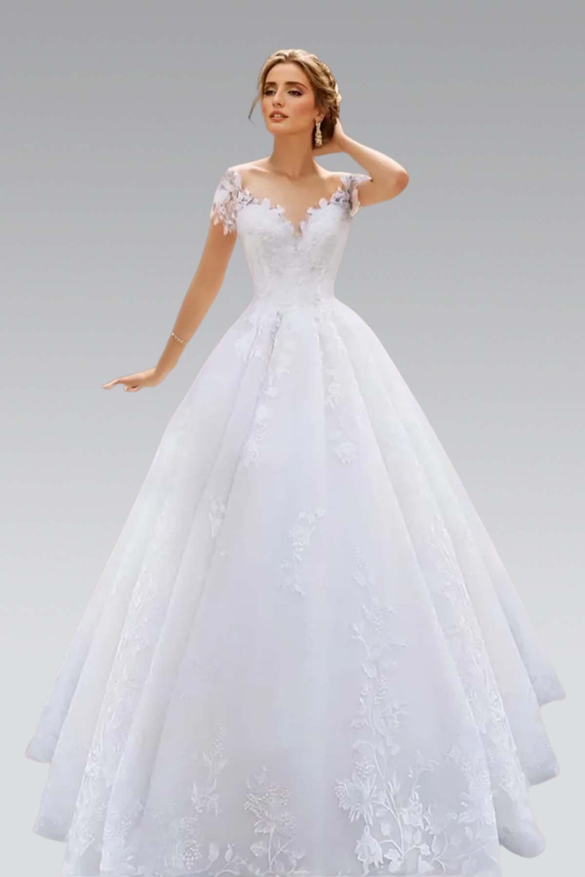  Chic Long Princess Wedding Dress Sleeves V Neck Floral with Lace Appliques - ohprom