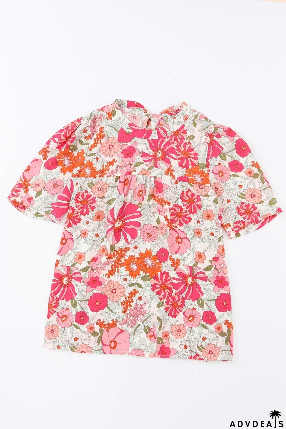 Floral Puff Sleeve Tied Blouse