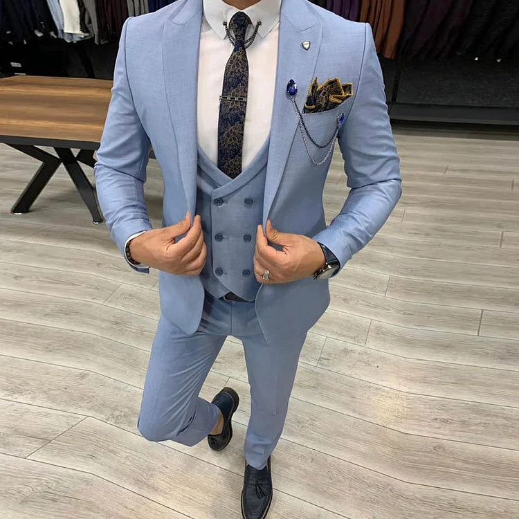 Men's Business Plain Shawl Lapel Double-Breasted Vest & Blazer & Pants 3Pcs Set