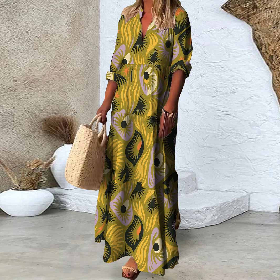 Women Animal, Yellow, Black DZDN0367 SPU Printed Long Sleeve V-neck Maxi Dress