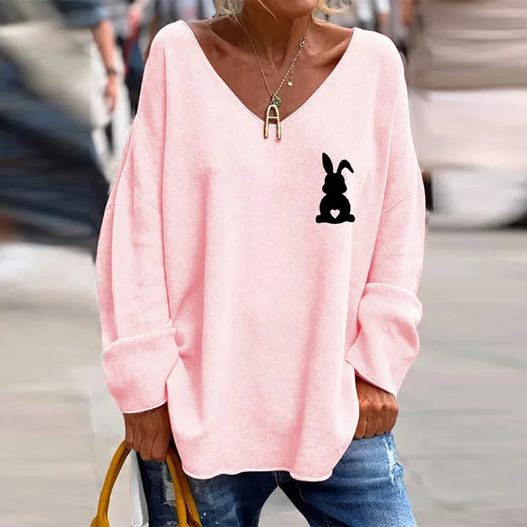 Wearshes Women's Easter Bunny Print Casual V-Neck Loose T-Shirt