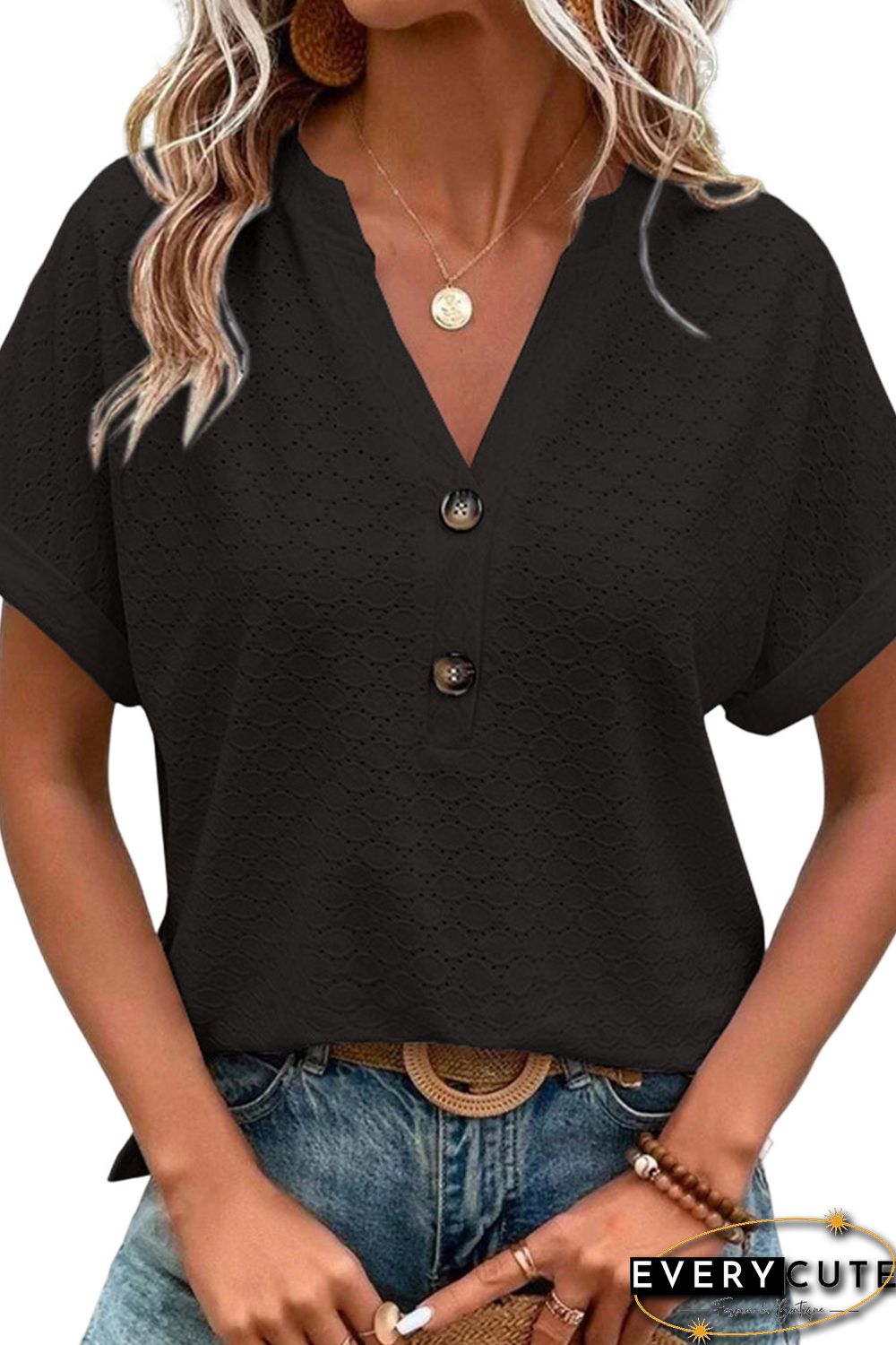 Black Eyelet Button-Accent Notch Neck Top