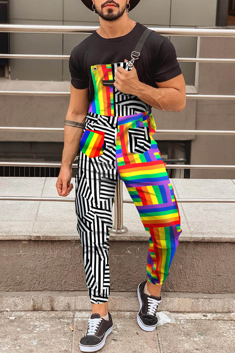 Ciciful Men's Rainbow Stripe Print Patchwork Festival Overalls