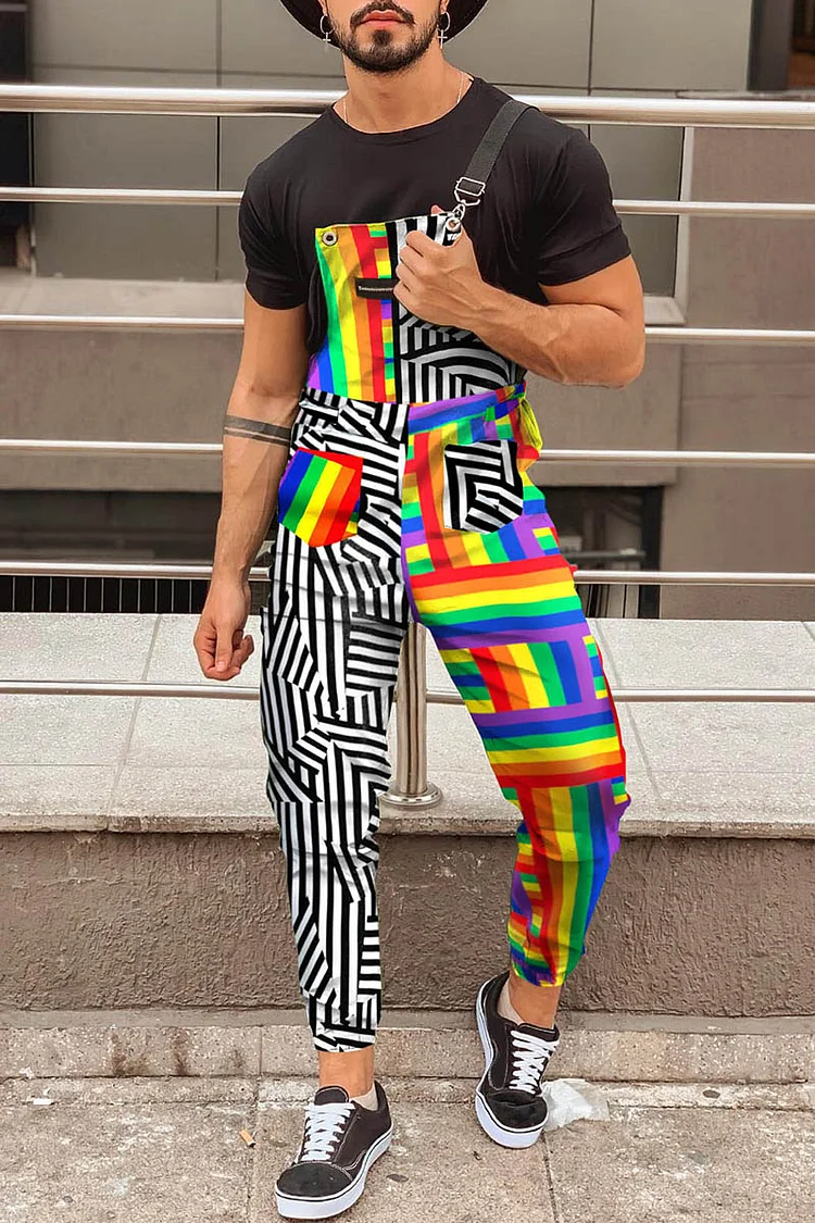 Rainbow Stripe Patchwork Print Festival Overalls Jumpsuit