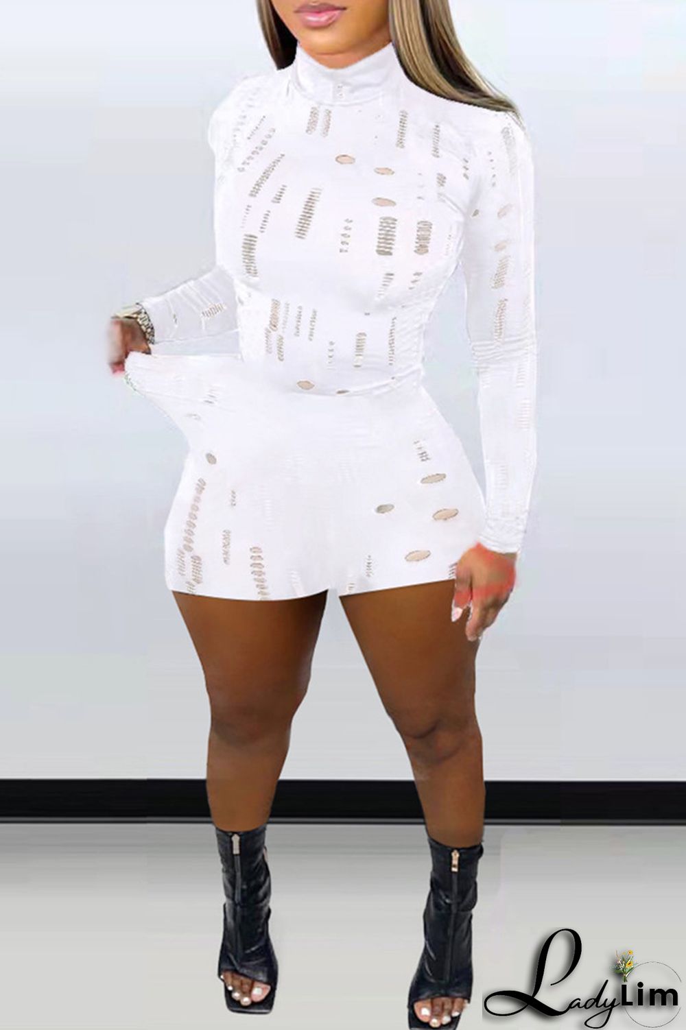 Black Fashion Sexy Solid Ripped Half A Turtleneck Long Sleeve Two Pieces