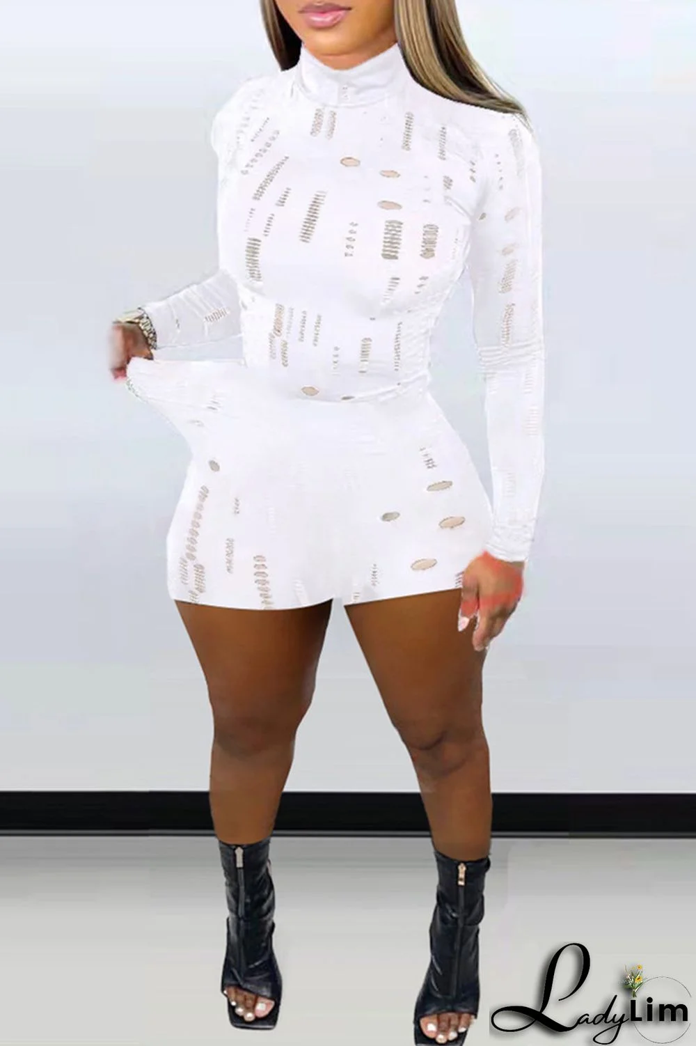 Black Fashion Sexy Solid Ripped Half A Turtleneck Long Sleeve Two Pieces