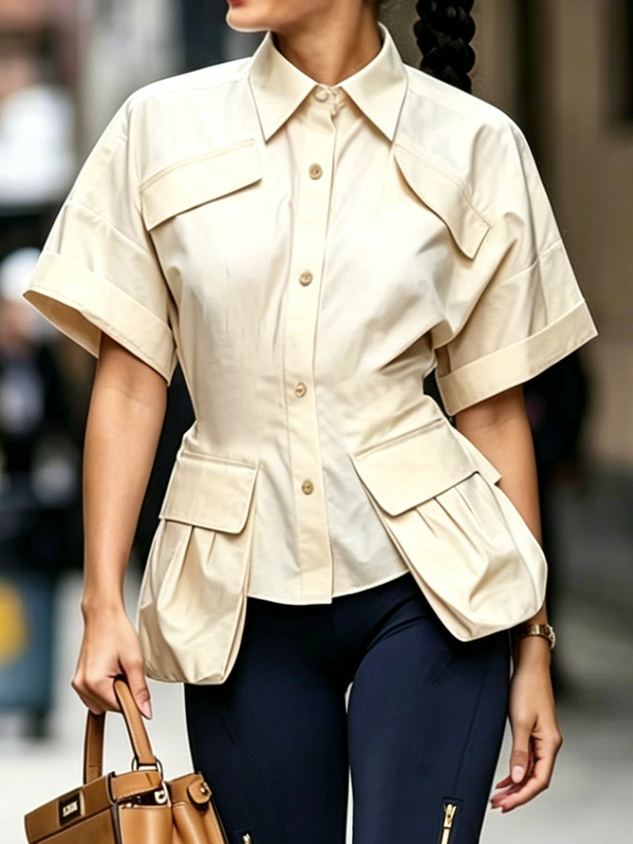 Urban Plain Pockets Shirt Collar Shirt mysite idetrend