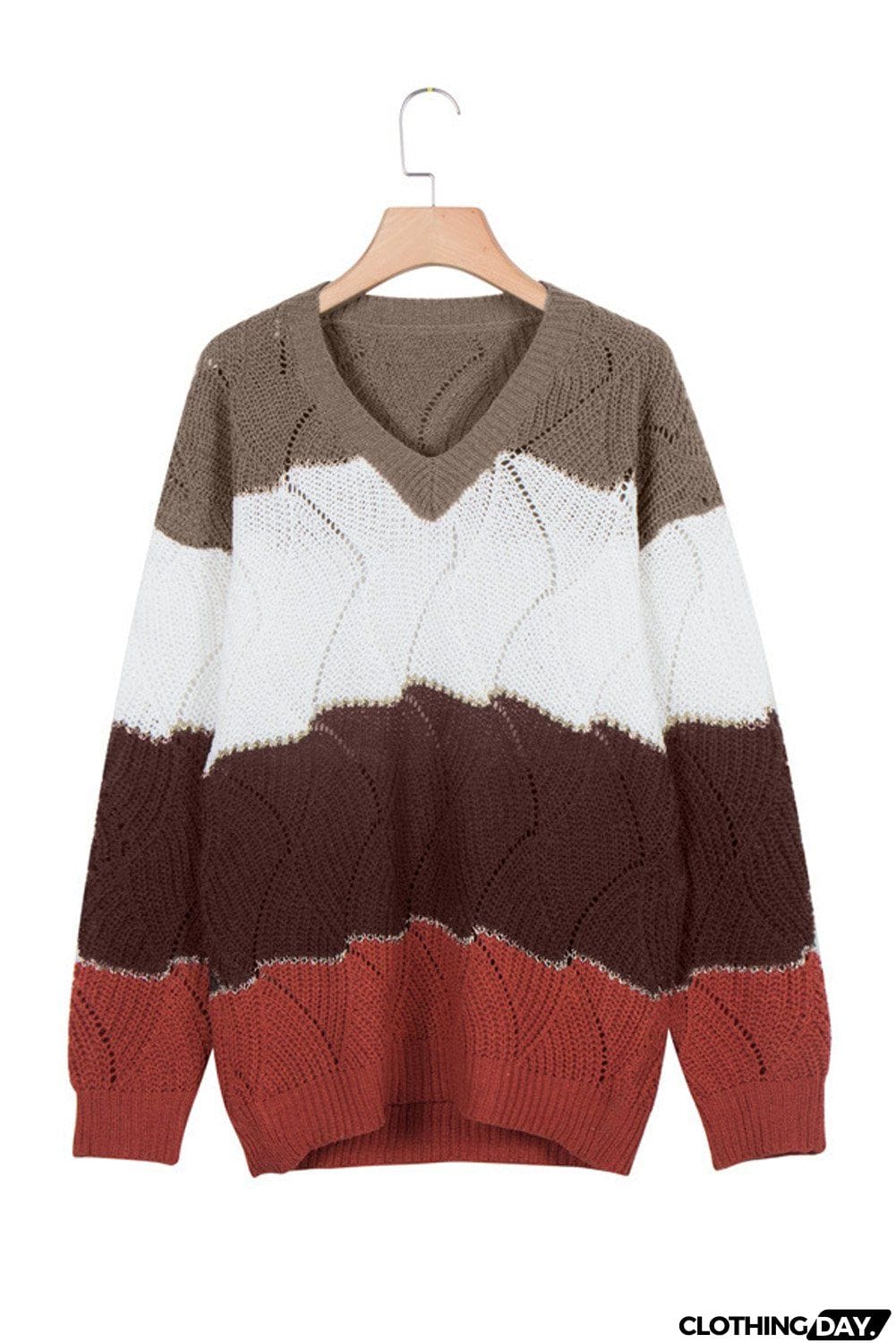 Women's Brown Colorblock V Neck Textured Knit Sweater
