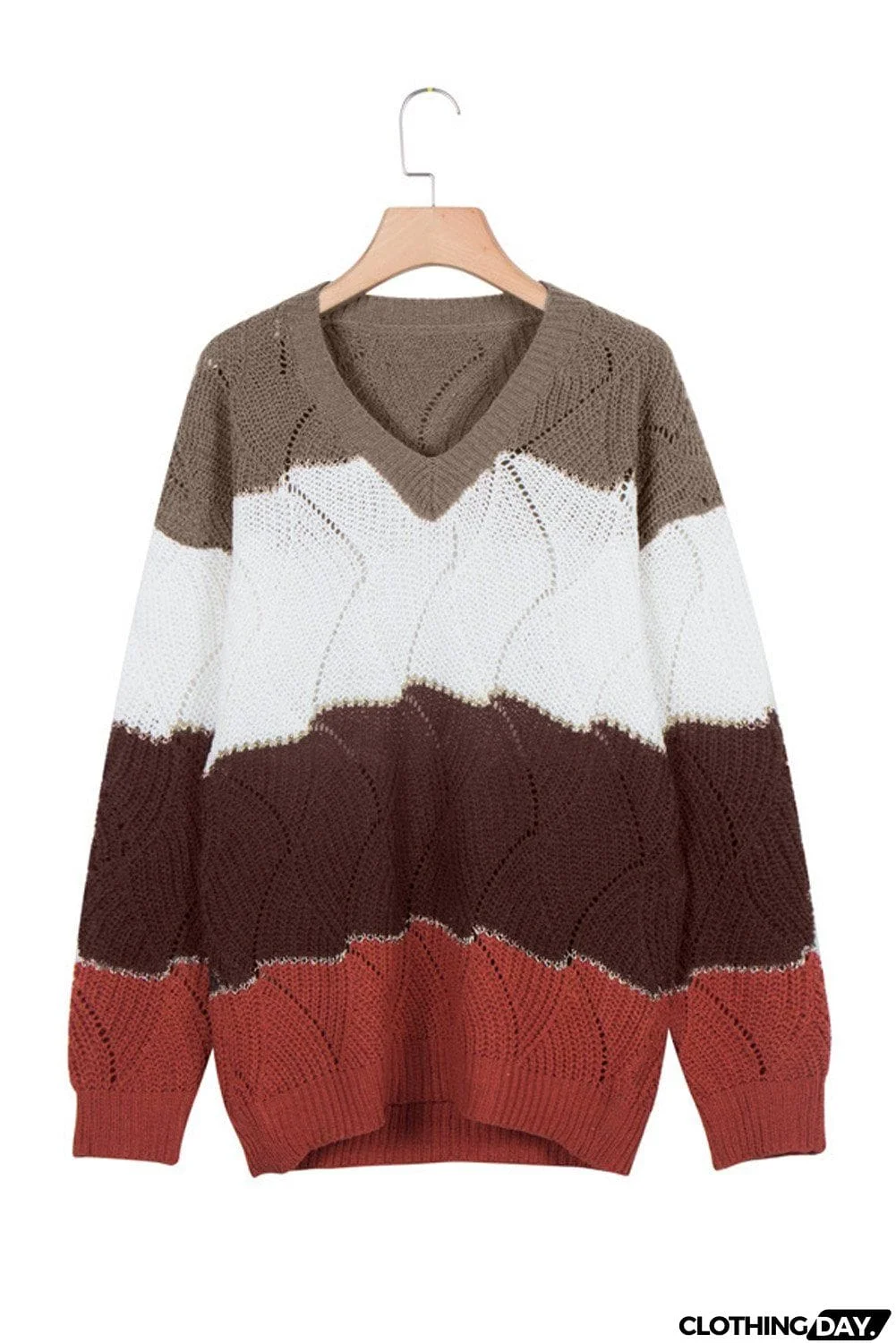 Women's Brown Colorblock V Neck Textured Knit Sweater