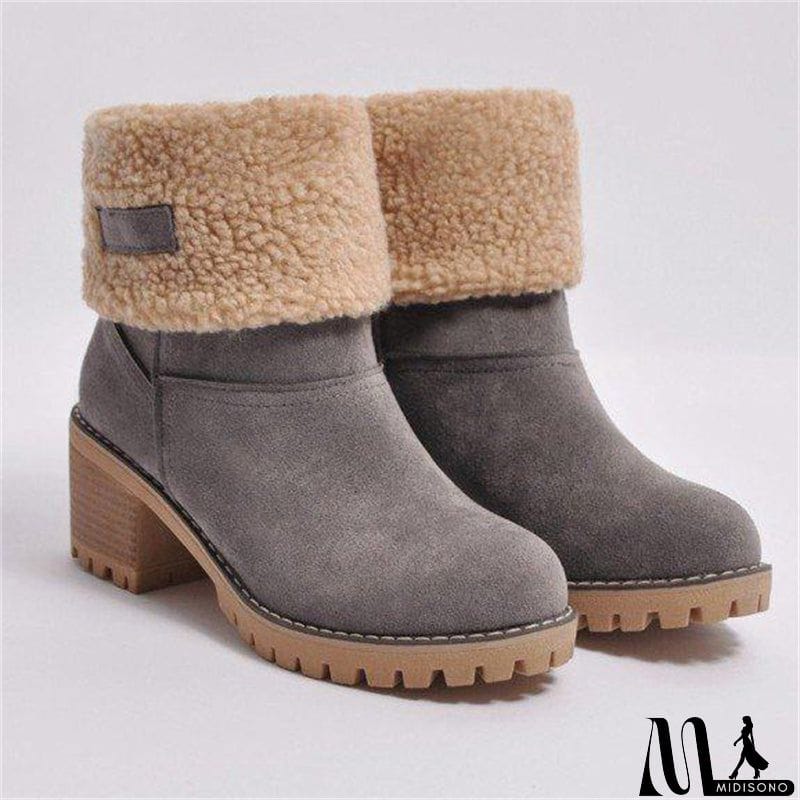 MidiSono - Warm Fur Lining Square Chunky Heel Suede Snow Boots for Women