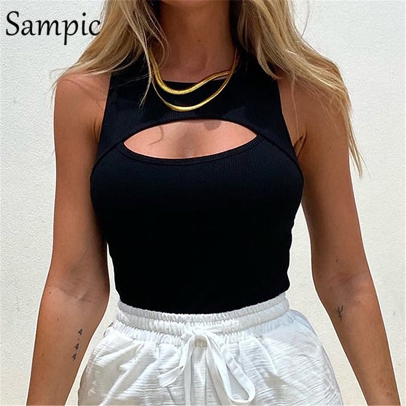 Sampic Khaki Knitted Women Hollow Out Ribber Slim Mini Crop Tops 2021 Summer Sexy Club Cut Out Tank Tops Basic Camis Vest Tosp