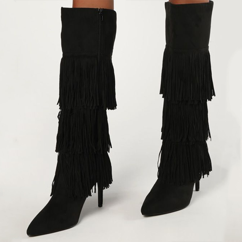 Black Vegan Suede Fringe Knee High Boots with Stiletto Heels