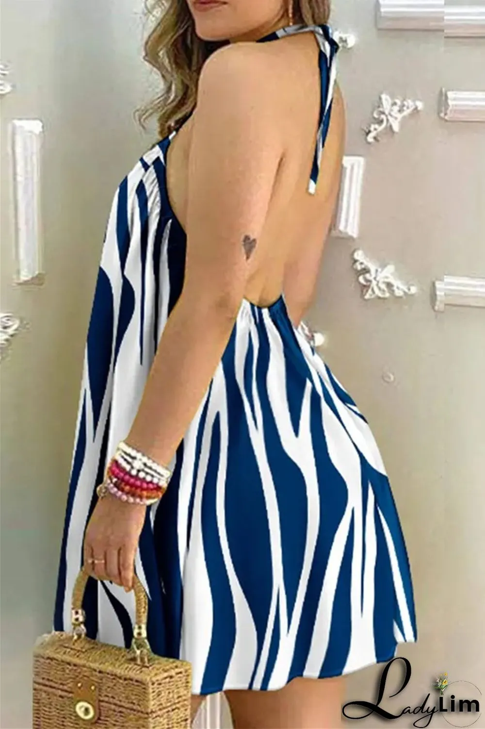 Blue Fashion Casual Print Bandage Backless Halter Sleeveless Dress Dresses