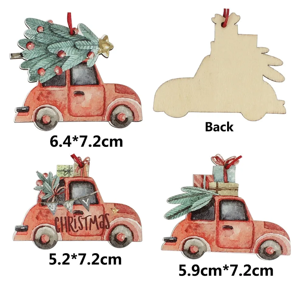 HUADODO 3Pcs Vintage Christmas Truck with tree Ornaments Wooden Christmas decoration for Xmas tree Ornament Party Kids gift