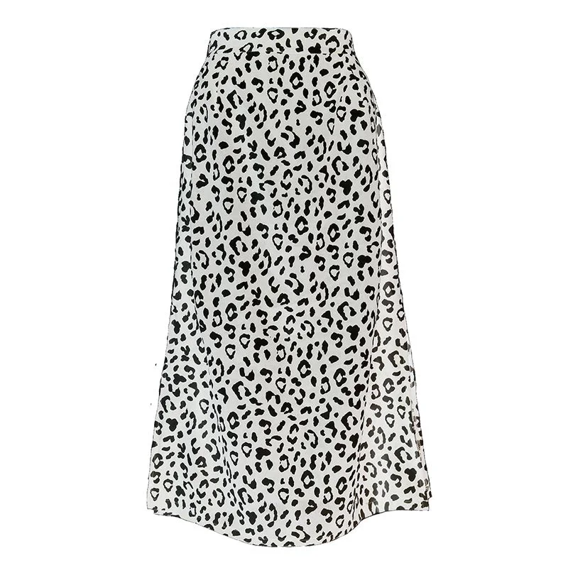 Gentillove Fashion Europe High Waist Leopard Print Skirts Women Summer Vintage Midi A-Line Skirts Casual Beach Chiffon Skirts