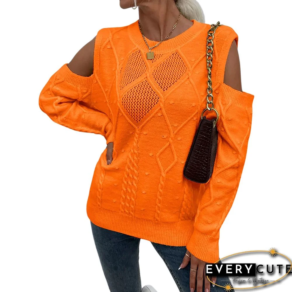 Orange Hollow Out Knitted Cold Shoulder Sweater