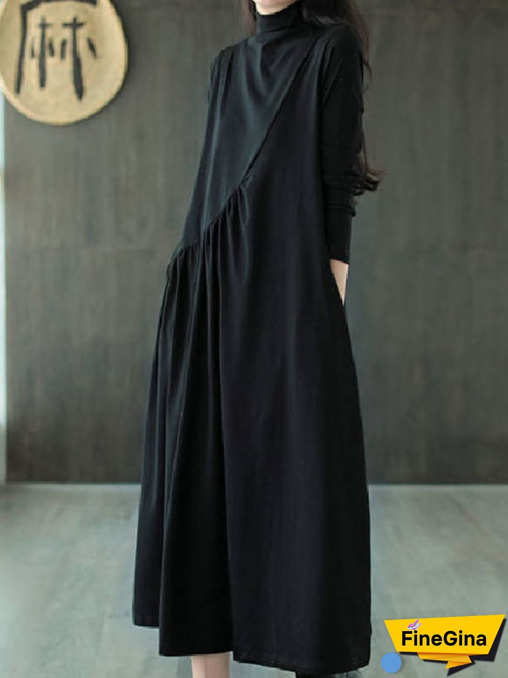 Women's Fashion Fall Ruched Half High Neck Midi Dresses with Pockets