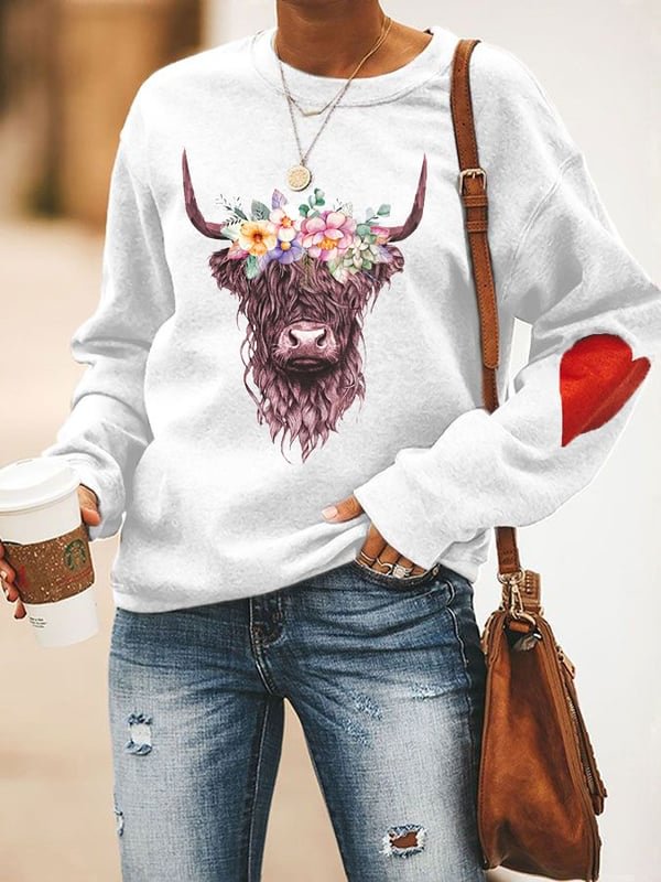 Women's Floral Highland Cow Casual Sweatshirt