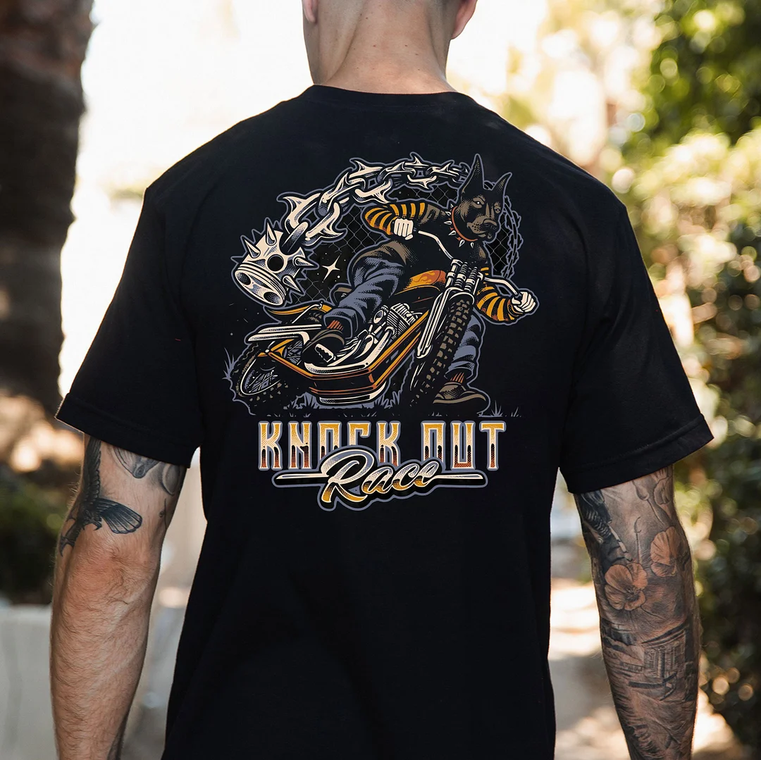 KNOCK OUT RACE Riding Motor Black Print T-Shirt