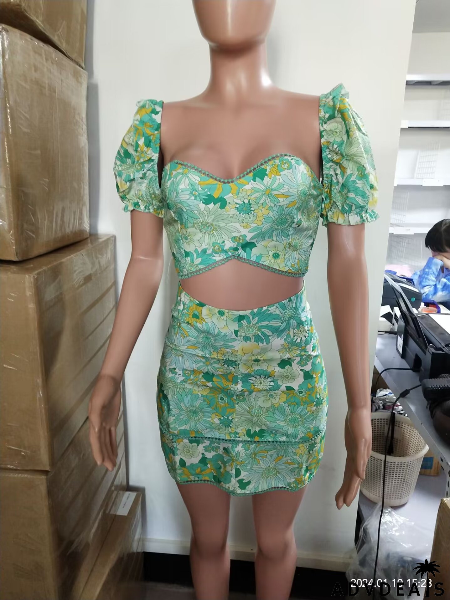 Women Sexy Printed Puff Sleeve Top and Skirt Casual Two-piece Set