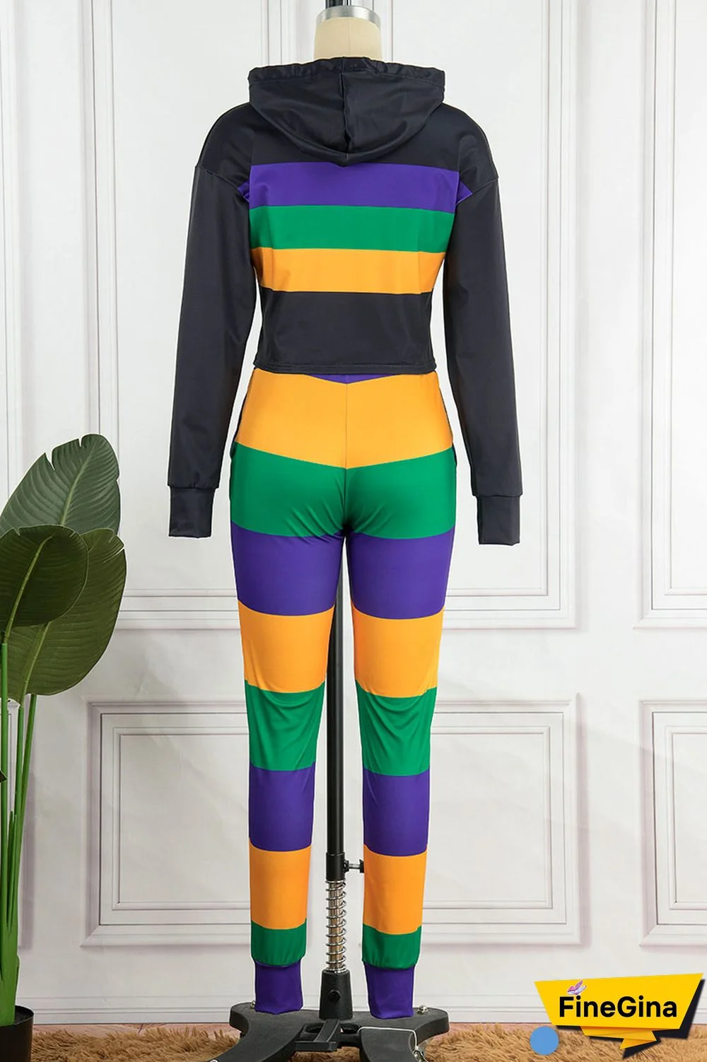 White Casual Striped Print Patchwork Hooded Collar Long Sleeve Two Pieces