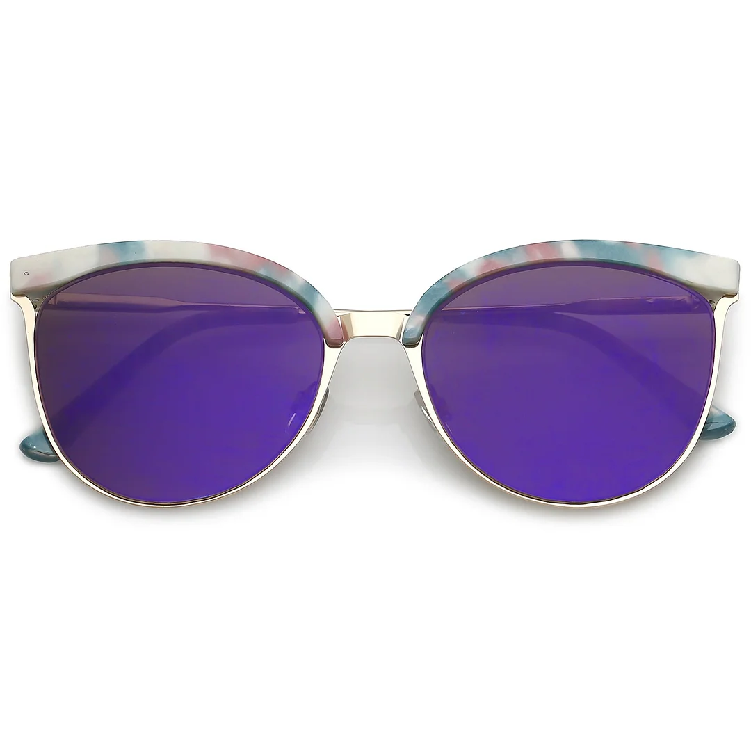 Modern Semi-Rimless Cat Eye glasses Cutout Round Mirrored Flat Lens 55mm