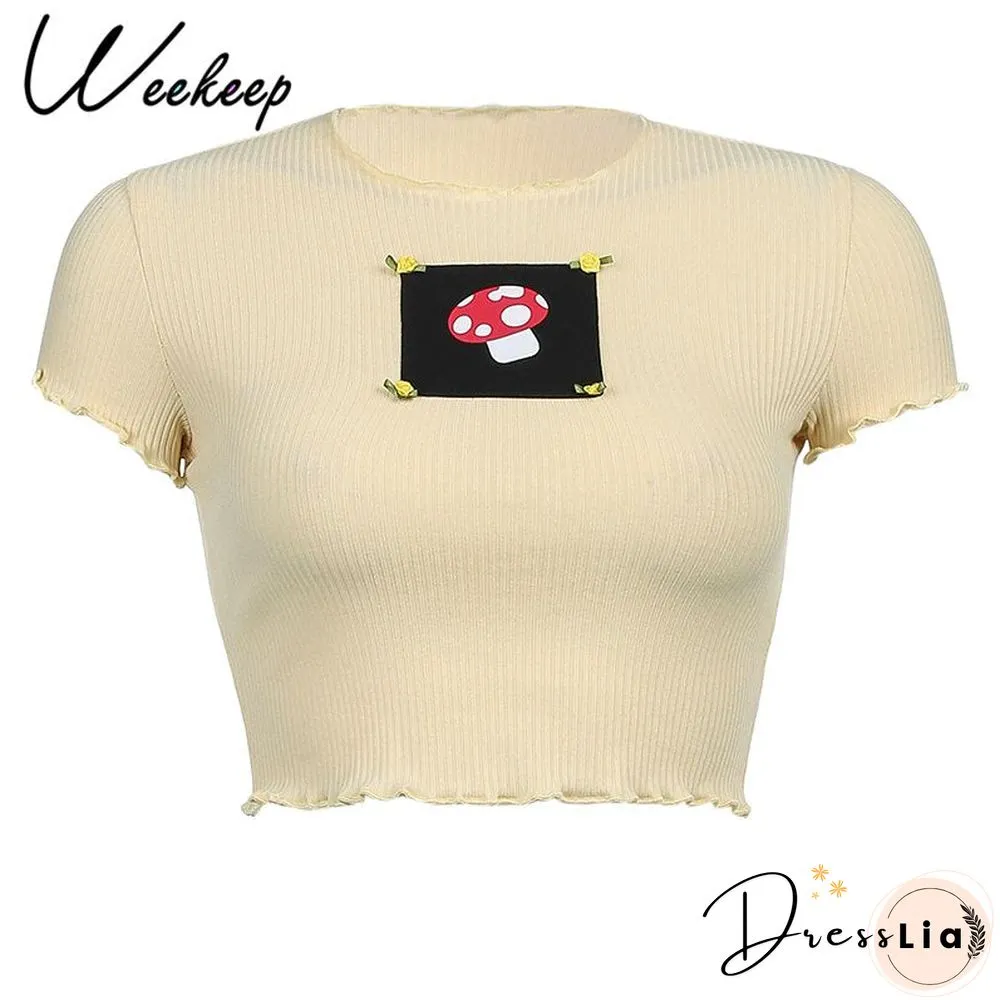 Womens White Short Sleeve Shirt Cropped Embroidery O-Neck Knitted T-Shirt