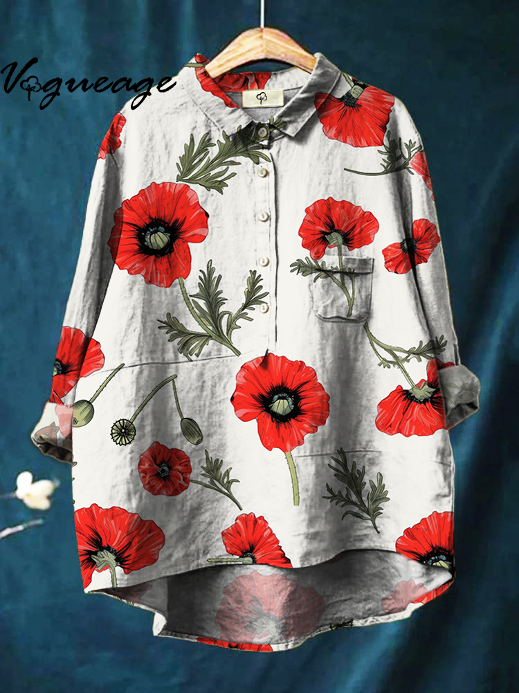 Simple And Elegant Plants And Flowers Printed Cotton And Linen Shirt