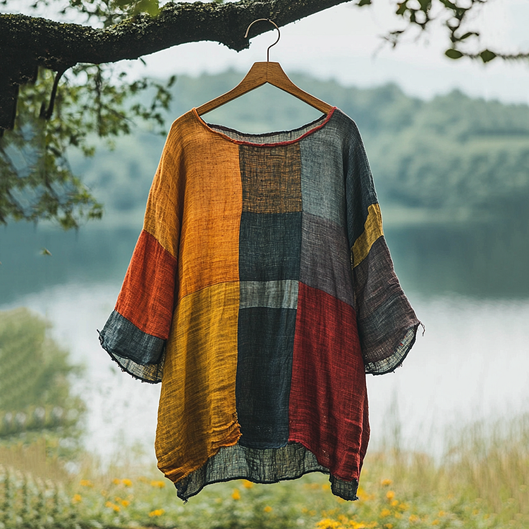 Simpfit Lockeres Vintage-T-Shirt aus Nachahmung aus Nachahmung aus Baumwolle und Leinen mit Farbblockdesign