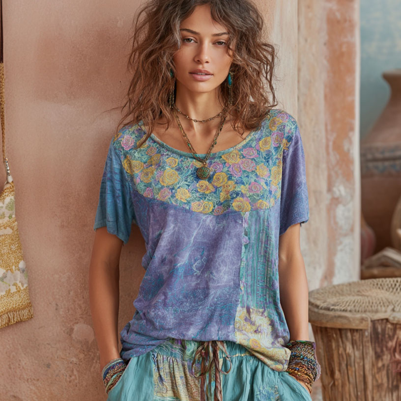 Women's Retro Rose Print Color Block Crew Neck T-shirt elevenforest