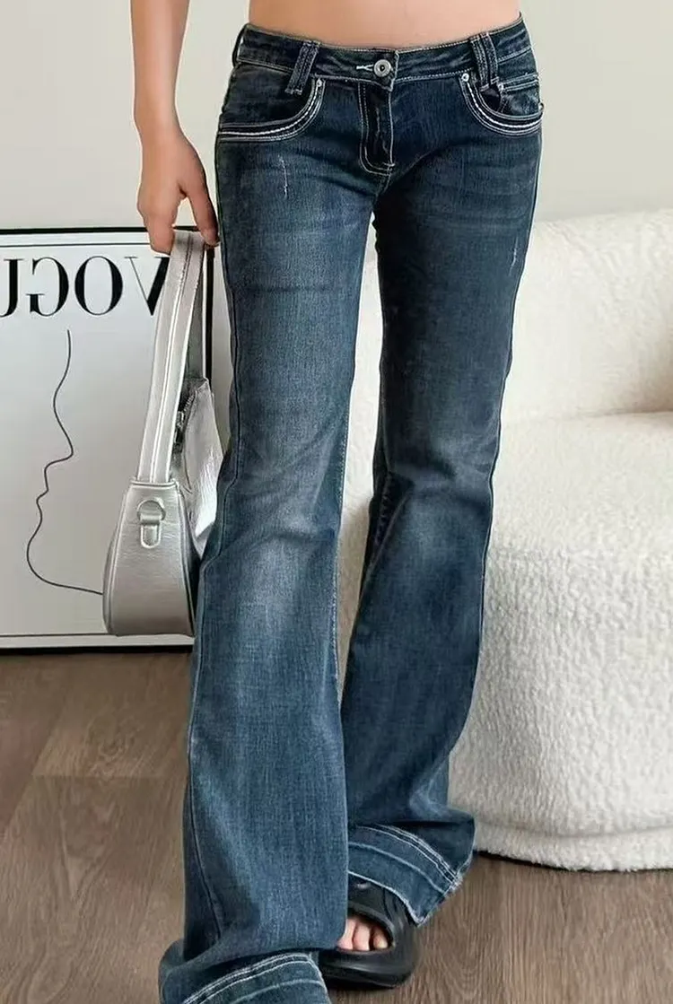 Low Rise Flared Jeans for Women with Detailed Pockets