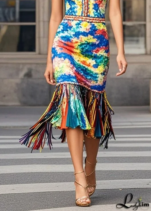 Beautiful Multicolou Print Knit Dresses Tasseled Summer
