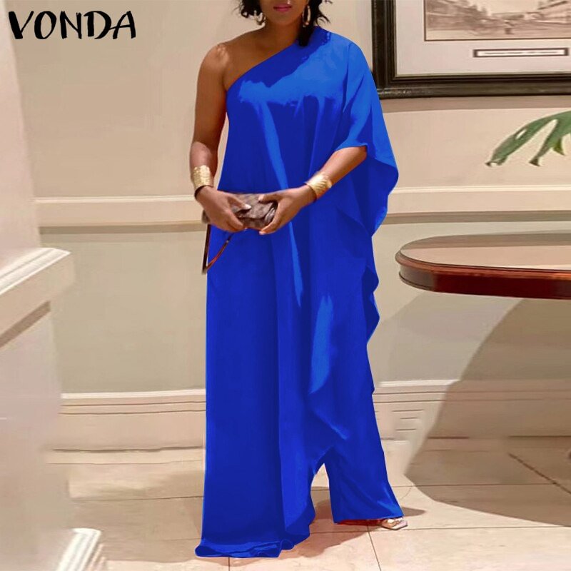 VONDA Women Long Dress Summer Sexy One Shoulder Solid Maxi Fall Dresses Oversize Skew Collar Holiday Vestidos Femme Long Robes