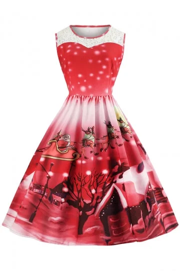 Crew Neck Sleeveless Santa Reindeer Print Christmas Skater Dress Red-elleschic