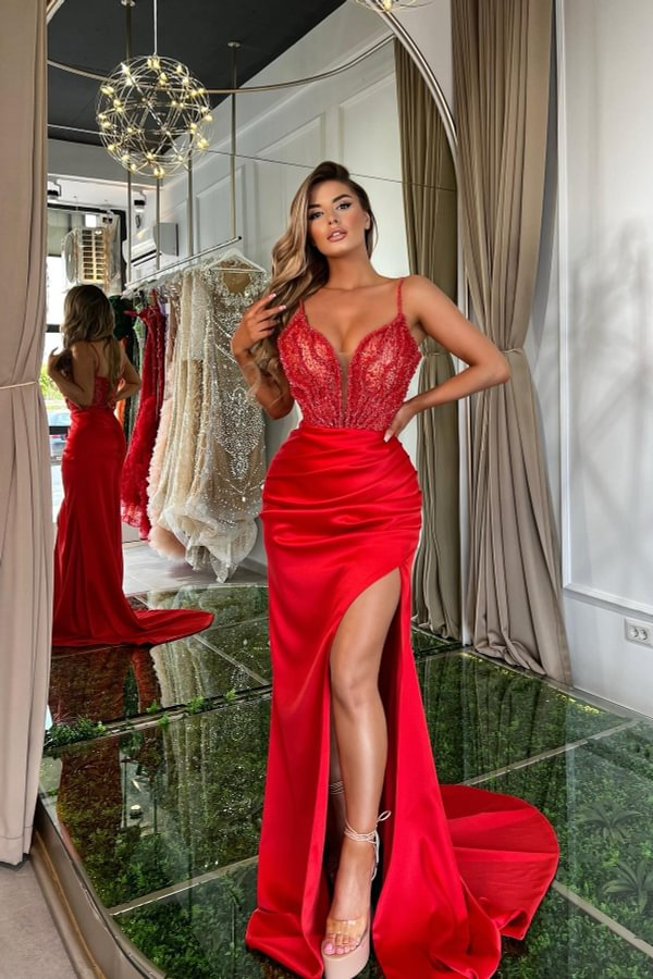 Daisda Stunning Red V-neck Sequins Sleeveless Split Prom Dress Gown