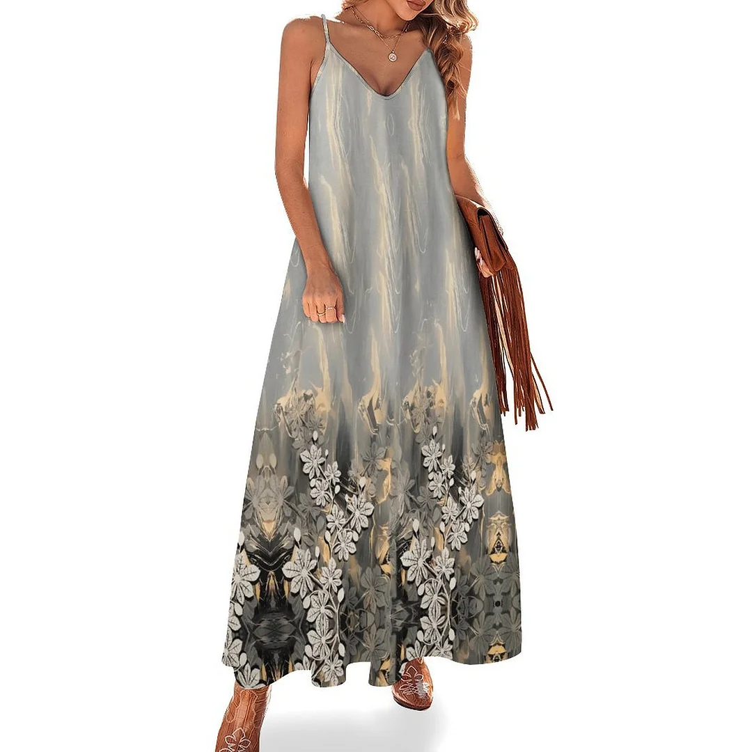 Style & Comfort for Mature Women Plus Size Printed Sling Casual Women Maxi Dress in Pattern Floral, Gray, Silver