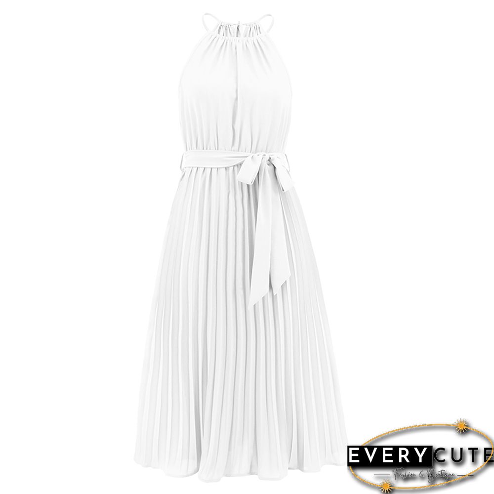 White Spaghetti Strap Tie Waist Pleated Midi Dress