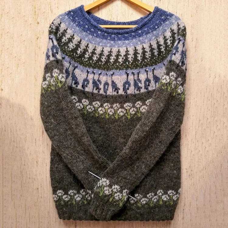 Vintage Floral Pattern Round Neck Comfy Sweater