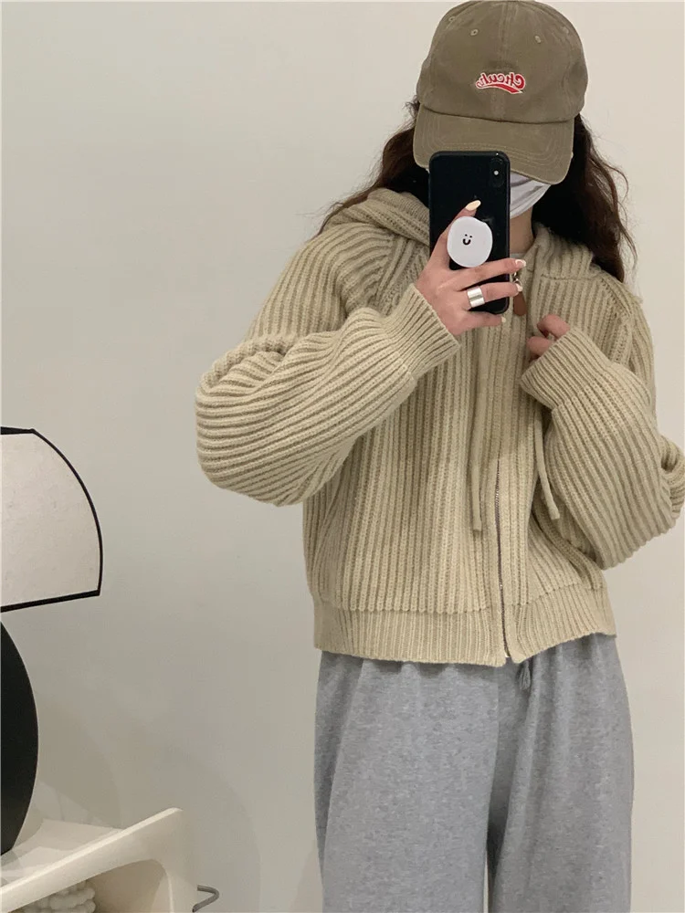 Churchf Version Lazy Wind Pit Zipper Hooded Cardigan Female Fashion Short Gentle Wind Soft Waxy Sweater Coat Female