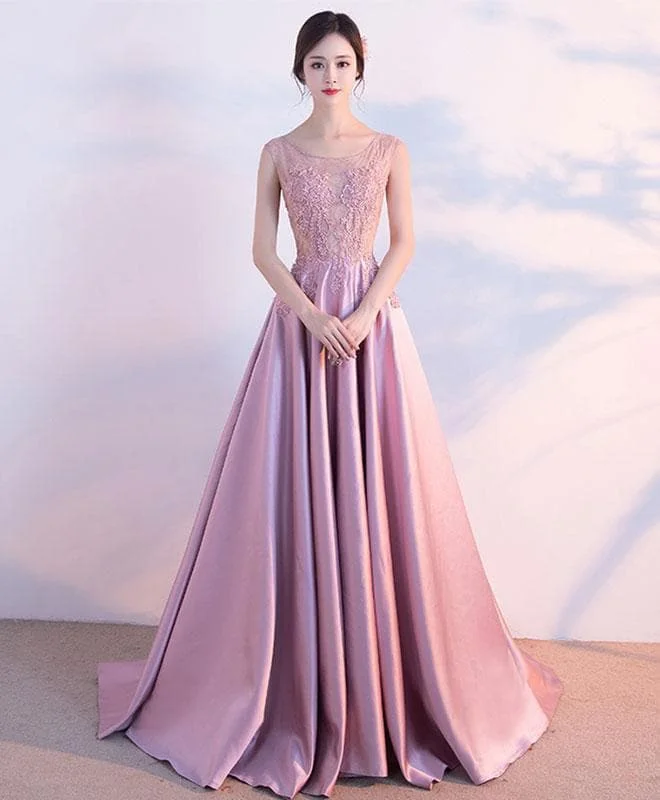 Pink Lace Satin A Lin Long Prom Dress, Pink Evening Dress